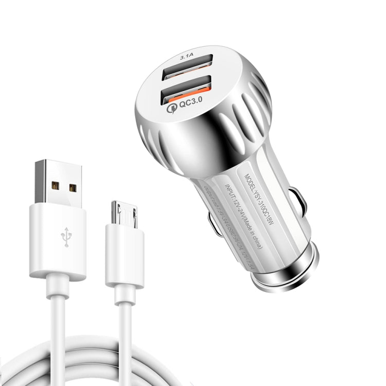 YSY-310QC18W QC3.0 Dual Port USB Car Charger + 3A USB to Micro USB Data Cable, Cable Length: 1m(White) - Car Charger by buy2fix | Online Shopping UK | buy2fix