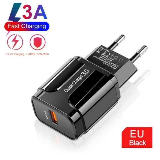LZ-023 18W QC 3.0 USB Portable Travel Charger + 3A USB to 8 Pin Data Cable, EU Plug(Black) by buy2fix