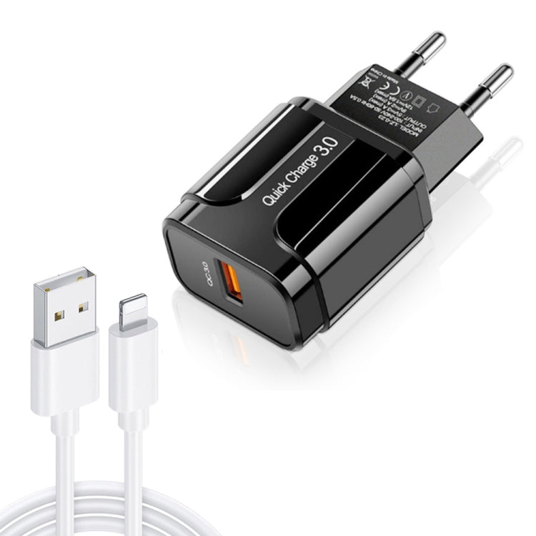LZ-023 18W QC 3.0 USB Portable Travel Charger + 3A USB to 8 Pin Data Cable, EU Plug(Black) - USB Charger by buy2fix | Online Shopping UK | buy2fix