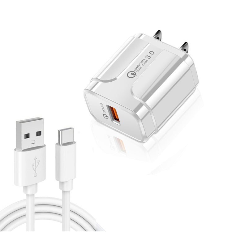 LZ-023 18W QC3.0 USB Portable Travel Charger + 3A USB to Type-C Data Cable, US Plug(White) - USB Charger by buy2fix | Online Shopping UK | buy2fix