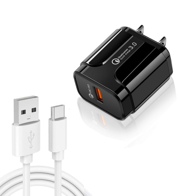 LZ-023 18W QC3.0 USB Portable Travel Charger + 3A USB to Type-C Data Cable, US Plug(Black) - Mobile Accessories by buy2fix | Online Shopping UK | buy2fix