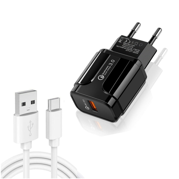 LZ-023 18W QC 3.0 USB Portable Travel Charger + 3A USB to Type-C Data Cable, EU Plug(Black) - USB Charger by buy2fix | Online Shopping UK | buy2fix