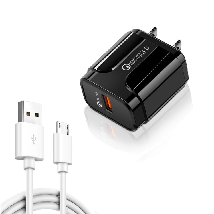 LZ-023 18W QC 3.0 USB Portable Travel Charger + 3A USB to Micro USB Data Cable, US Plug(Black) - USB Charger by buy2fix | Online Shopping UK | buy2fix
