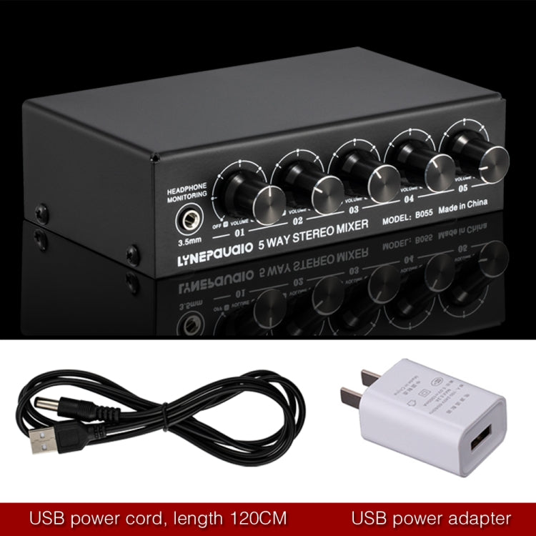 B055 5-Channel Active Stereo Mixer Multi-Channel Mixer with Independent Volume Adjustment & USB 5V Power Output & Headphone Monitoring, US Plug by buy2fix