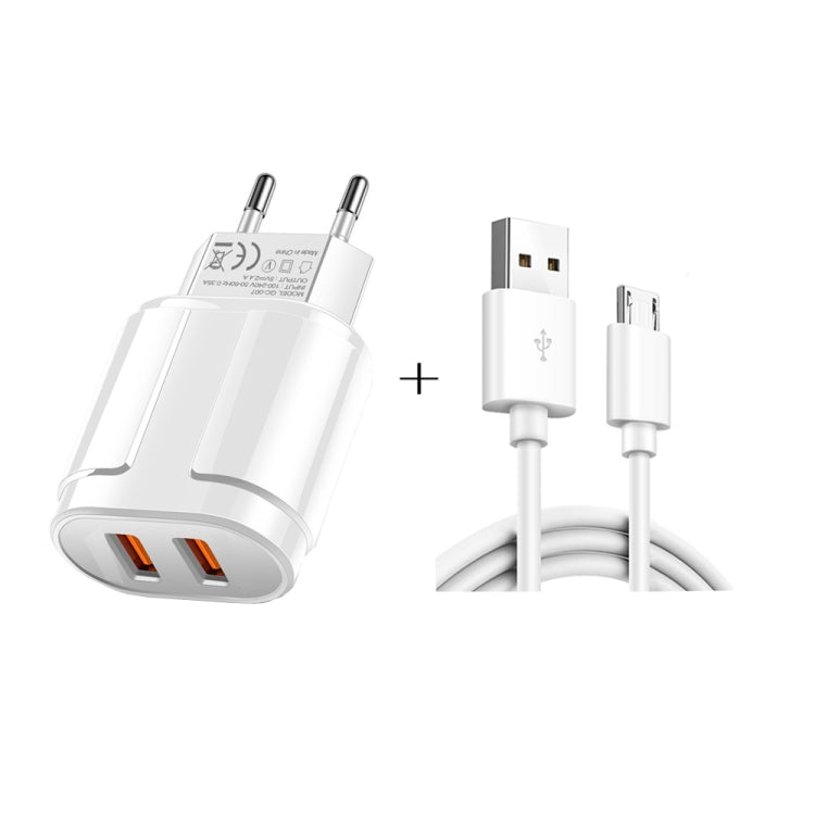 Dual USB Portable Travel Charger + 1 Meter USB to Micro USB Data Cable, EU Plug(White) - USB Charger by buy2fix | Online Shopping UK | buy2fix