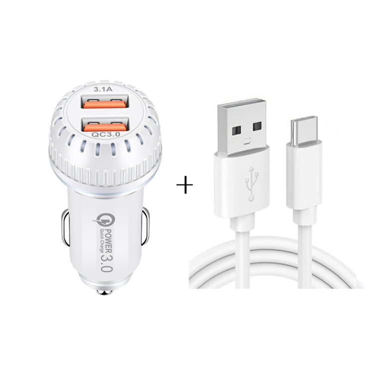 YSY-349 QC3.0 Dual Port USB Car Charger + 3A USB to USB-C / Type-C Data Cable, Length: 1m(White) - Car Charger by buy2fix | Online Shopping UK | buy2fix