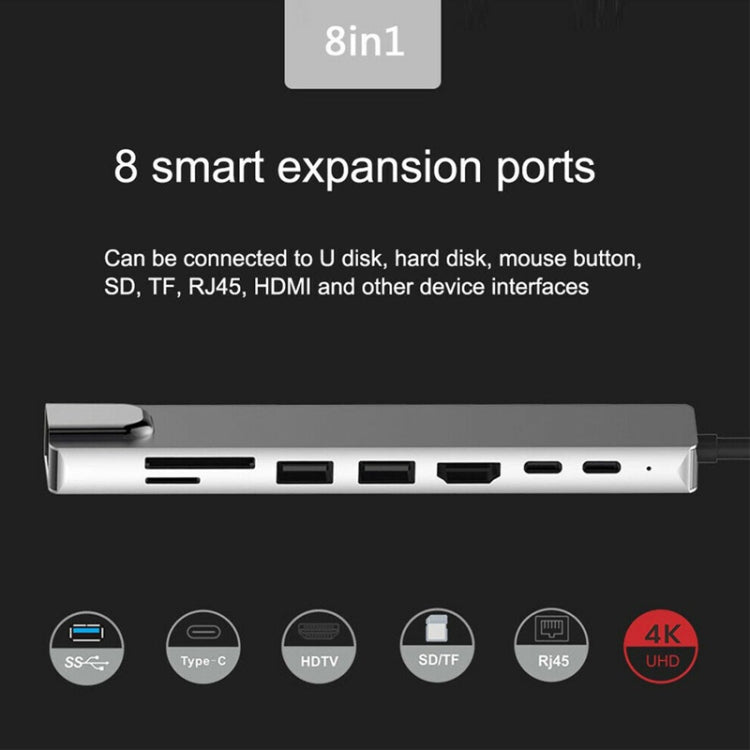Aluminum Alloy 8 in 1 Multi HD USB 3.0 USB-C Hub Adapter Charging SD PD and TF RJ45 Card Reader Adapter for MacBook Pro Air - USB HUB by buy2fix | Online Shopping UK | buy2fix