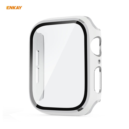 ENKAY Hat-Prince Full Coverage Electroplated PC Case + Tempered Glass Protector for Apple Watch Series 6 / 5 / 4 / SE 44mm(White+Silver) by ENKAY
