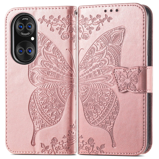 For Huawei P50 Butterfly Love Flowers Embossed Horizontal Flip Leather Case with Holder & Card Slots & Wallet & Lanyard(Rose Gold) by buy2fix