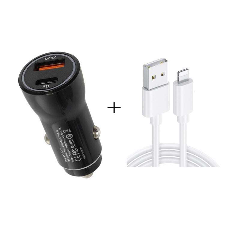 P21 PD 20W USB-C / Type-C + QC3.0 18W USB Fast Car Charger with USB to 8 Pin Data Cable Set(Black) - Car Charger by buy2fix | Online Shopping UK | buy2fix