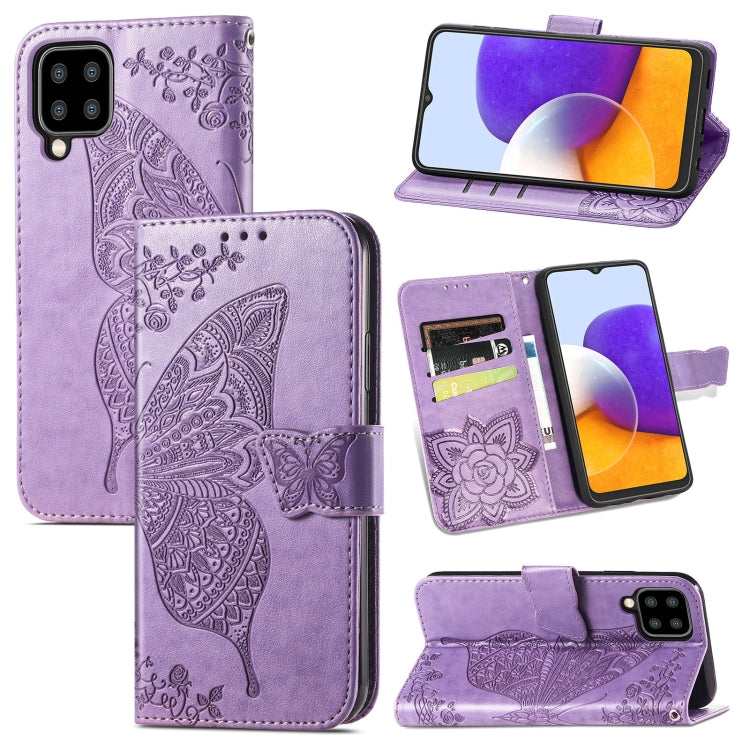 For Samsung Galaxy A22 5G Butterfly Love Flowers Embossed Horizontal Flip Leather Case with Holder & Card Slots & Wallet & Lanyard(Light Purple) - Galaxy Phone Cases by buy2fix | Online Shopping UK | buy2fix