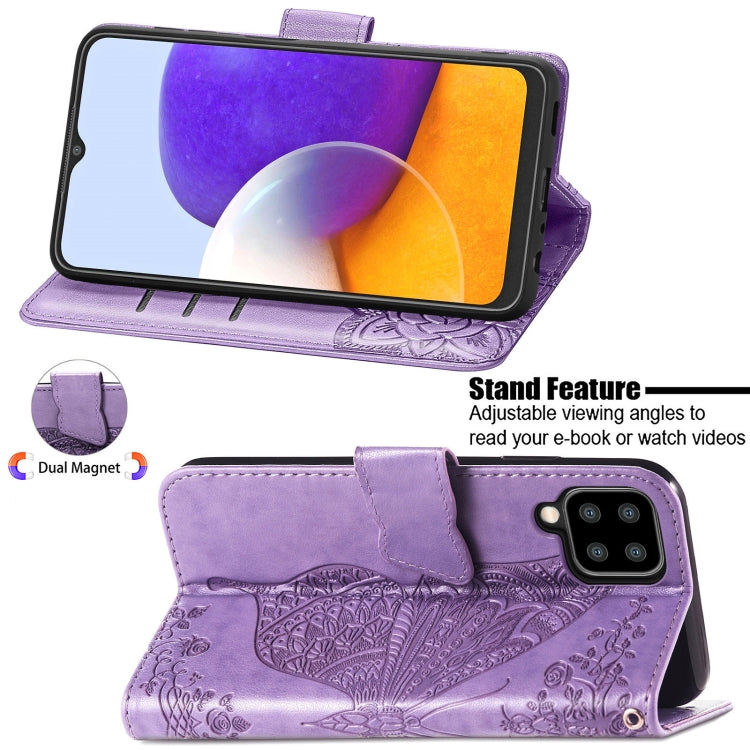 For Samsung Galaxy A22 5G Butterfly Love Flowers Embossed Horizontal Flip Leather Case with Holder & Card Slots & Wallet & Lanyard(Light Purple) - Galaxy Phone Cases by buy2fix | Online Shopping UK | buy2fix