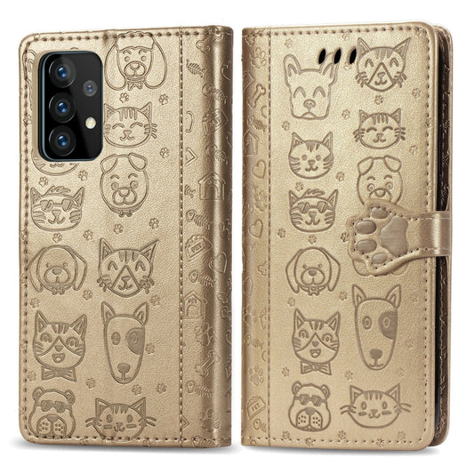 For Samsung Galaxy A52 5G/4G Cute Cat and Dog Embossed Horizontal Flip Leather Case with Holder & Card Slots & Wallet & Crossbody Lanyard & Card Cover(Gold) by buy2fix