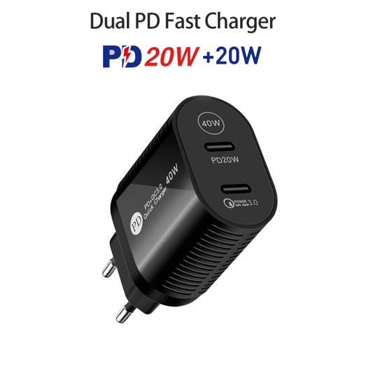 40W Dual Port PD / Type-C Fast Charger for iPhone / iPad Series, EU Plug(Black) by buy2fix
