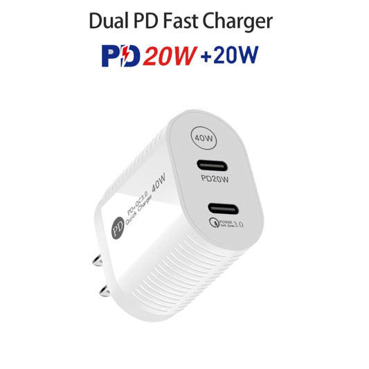 40W Dual Port PD / Type-C Fast Charger with Type-C to 8 Pin Data Cable, US Plug(White) by buy2fix