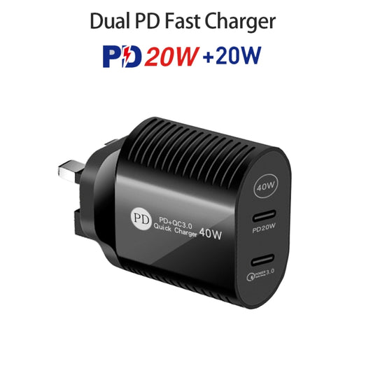 40W Dual Port PD / Type-C Fast Charger with Type-C to 8 Pin Data Cable, UK Plug(Black) by buy2fix
