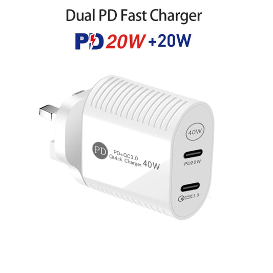 40W Dual Port PD / Type-C Fast Charger with Type-C to 8 Pin Data Cable, UK Plug(White) by buy2fix