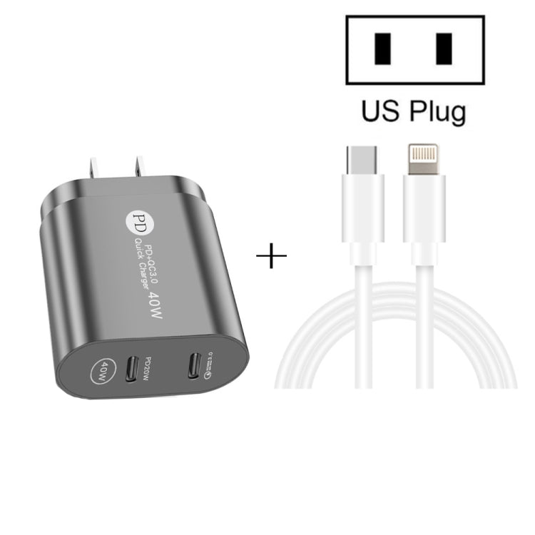 002 40W Dual Port PD / Type-C Fast Charger with USB-C to 8 Pin Data Cable, US Plug(Black) - USB Charger by buy2fix | Online Shopping UK | buy2fix