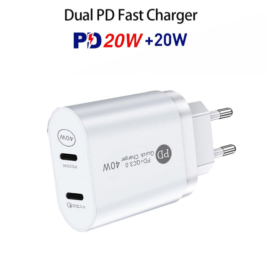 002 40W Dual Port PD / Type-C Fast Charger with USB-C to 8 Pin Data Cable, EU Plug(White) - USB Charger by buy2fix | Online Shopping UK | buy2fix
