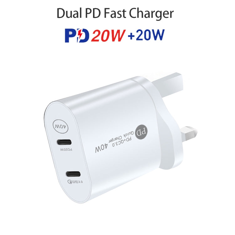 002 40W Dual Port PD / Type-C Fast Charger with USB-C to 8 Pin Data Cable, UK Plug(White) - USB Charger by buy2fix | Online Shopping UK | buy2fix