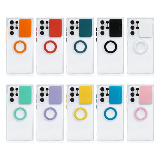 For Samsung Galaxy S22 Ultra 5G Sliding Camera Cover TPU Protective Case with Ring Holder(Purple) by buy2fix