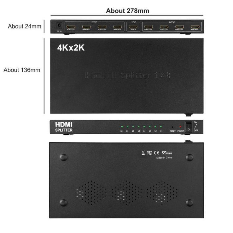 1 x 8 4K x 2K 3840*2160/30HZ HDMI Splitter - Splitter by buy2fix | Online Shopping UK | buy2fix