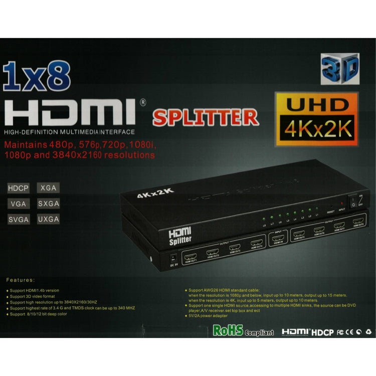 1 x 8 4K x 2K 3840*2160/30HZ HDMI Splitter - Splitter by buy2fix | Online Shopping UK | buy2fix