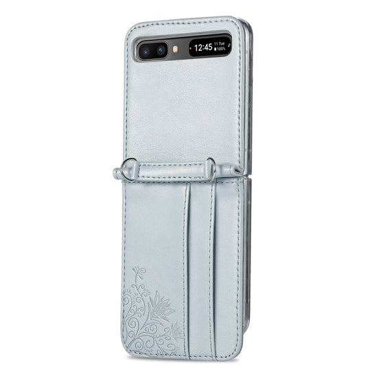 For Samsung Galaxy Z Flip 5G Diagonal Lanyard Embossed Card Phone Case(Silver) by buy2fix