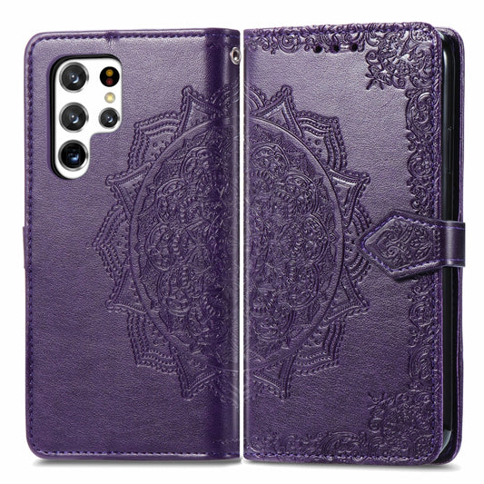 For Samsung Galaxy S22 Ultra 5G Mandala Flower Embossed Horizontal Flip Leather Case with Holder & Card Slots & Wallet & Lanyard(Purple) by buy2fix