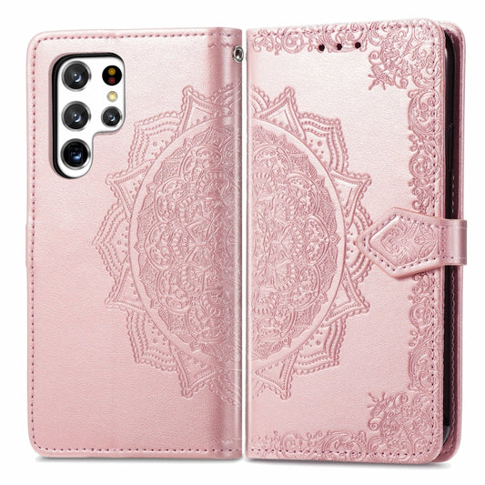 For Samsung Galaxy S22 Ultra 5G Mandala Flower Embossed Horizontal Flip Leather Case with Holder & Card Slots & Wallet & Lanyard(Rose Gold) by buy2fix