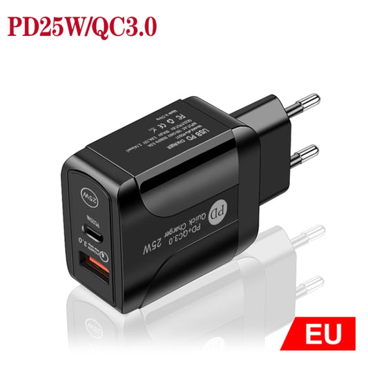 PD25W USB-C / Type-C + QC3.0 USB Dual Ports Fast Charger, EU Plug(Black) by buy2fix