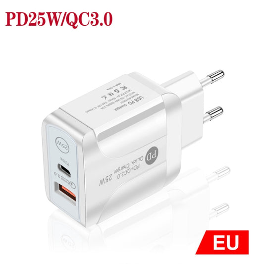 PD25W USB-C / Type-C + QC3.0 USB Dual Ports Fast Charger, EU Plug(White) by buy2fix