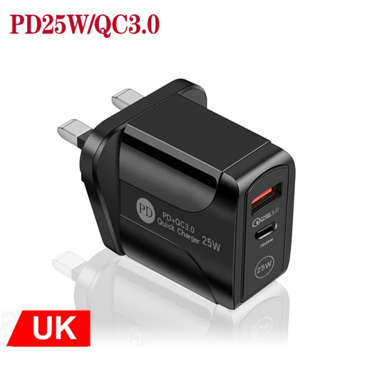 PD25W USB-C / Type-C + QC3.0 USB Dual Ports Fast Charger, UK Plug(Black) by buy2fix