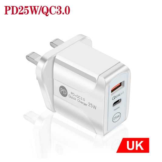 PD25W USB-C / Type-C + QC3.0 USB Dual Ports Fast Charger, UK Plug(White) by buy2fix