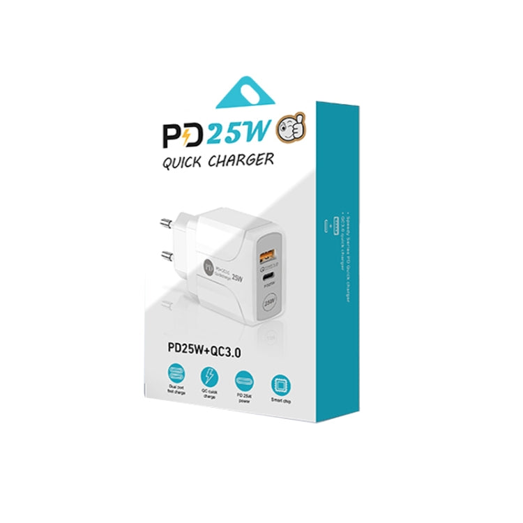 PD25W USB-C / Type-C + QC3.0 USB Dual Ports Fast Charger with USB to 8 Pin Data Cable, EU Plug(Black) by buy2fix