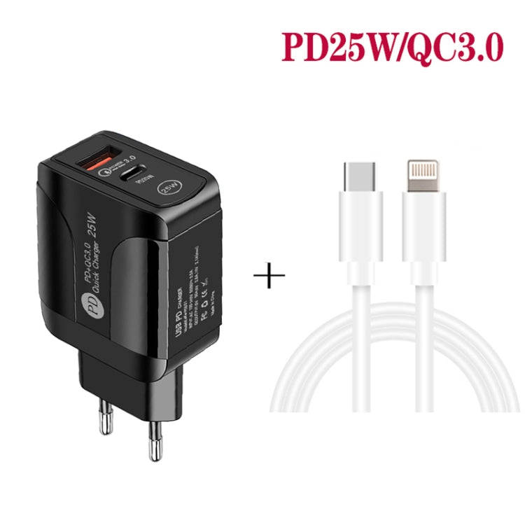PD25W USB-C / Type-C + QC3.0 USB Dual Ports Fast Charger with USB-C to 8 Pin Data Cable, EU Plug(White) - USB Charger by buy2fix | Online Shopping UK | buy2fix