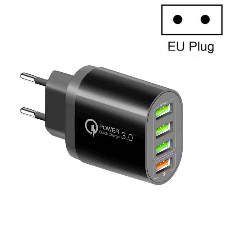 QC-04 QC3.0 + 3 x USB 2.0 Multi-ports Charger for Mobile Phone Tablet, EU Plug(Black) - USB Charger by buy2fix | Online Shopping UK | buy2fix