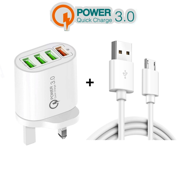 QC-04 QC3.0 + 3 x USB2.0 Multi-ports Charger with 3A USB to Micro USB Data Cable, UK Plug(Black) - USB Charger by buy2fix | Online Shopping UK | buy2fix