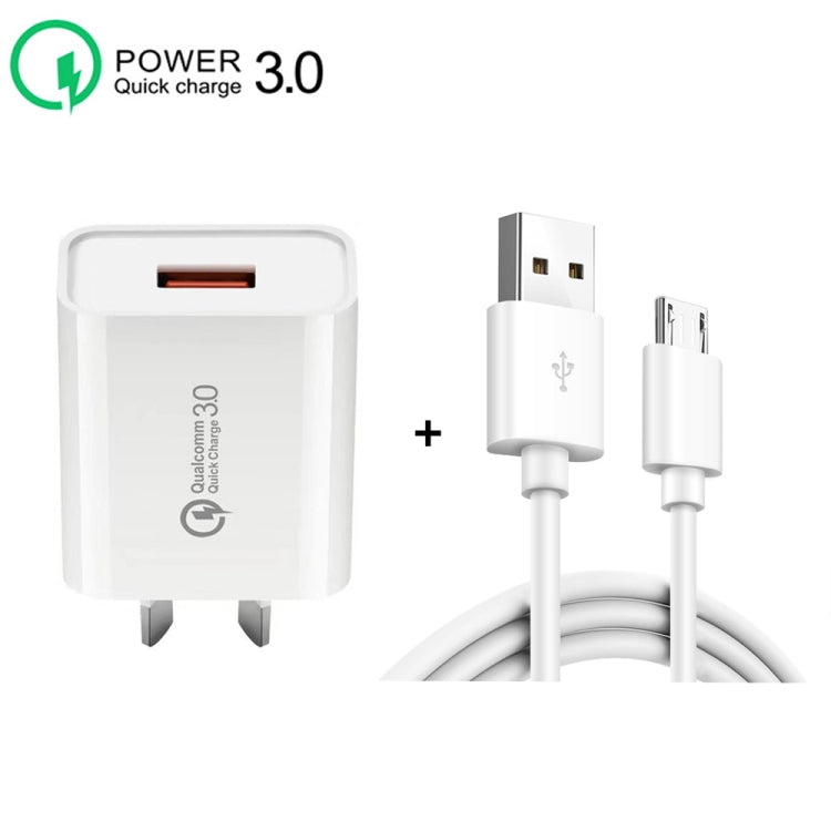 CA-25 QC3.0 USB 3A Fast Charger with USB to Micro USB Data Cable, AU Plug(Black) - USB Charger by buy2fix | Online Shopping UK | buy2fix