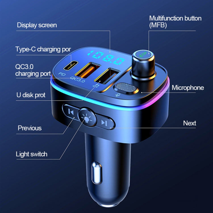 T65 Car Bluetooth FM Transmitter Dual USB Type-C QC3.0 Charger - Bluetooth Car Kits by buy2fix | Online Shopping UK | buy2fix