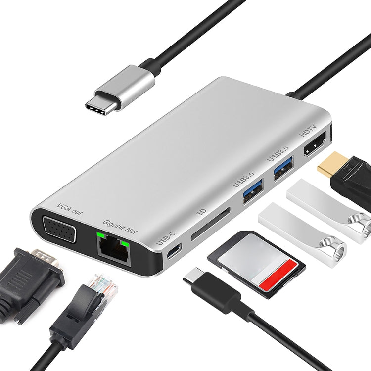 7 in 1 Type-C to RJ45+VGA+Type-C+SD Card Slot+USB3.0 x 2+HDMI Dock Hub Adapter - USB HUB by buy2fix | Online Shopping UK | buy2fix