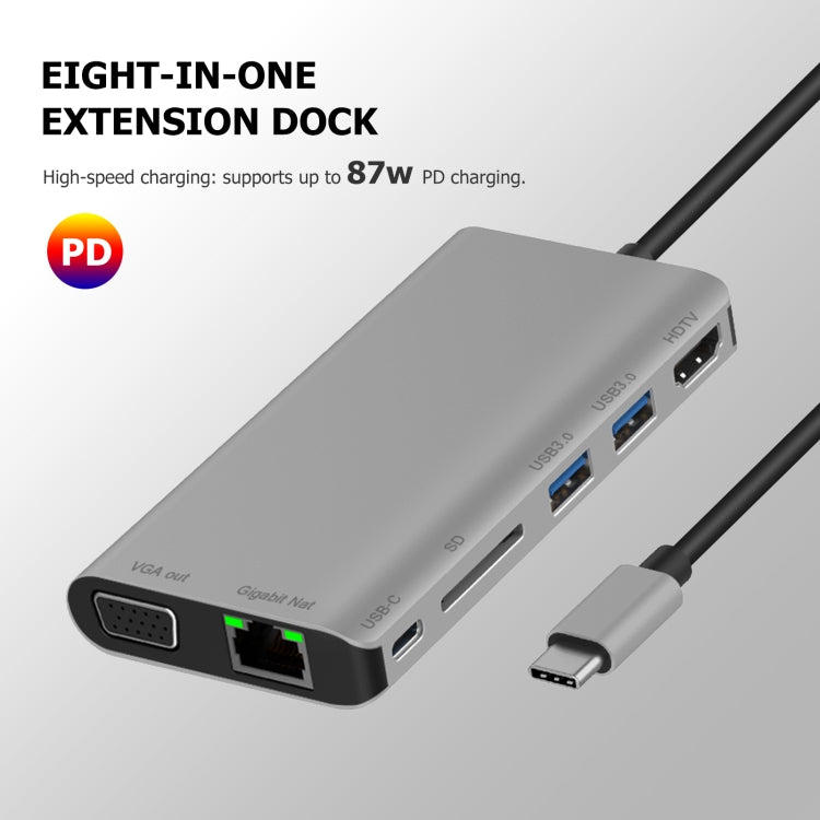 7 in 1 Type-C to RJ45+VGA+Type-C+SD Card Slot+USB3.0 x 2+HDMI Dock Hub Adapter - USB HUB by buy2fix | Online Shopping UK | buy2fix