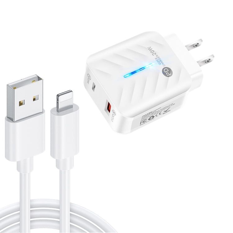 PD03 20W PD3.0 + QC3.0 USB Charger with USB to 8 Pin Data Cable, US Plug(White) - USB Charger by buy2fix | Online Shopping UK | buy2fix