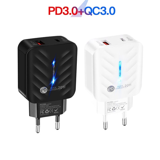 PD03 20W PD3.0 + QC3.0 USB Charger with USB to 8 Pin Data Cable, EU Plug(White) by buy2fix
