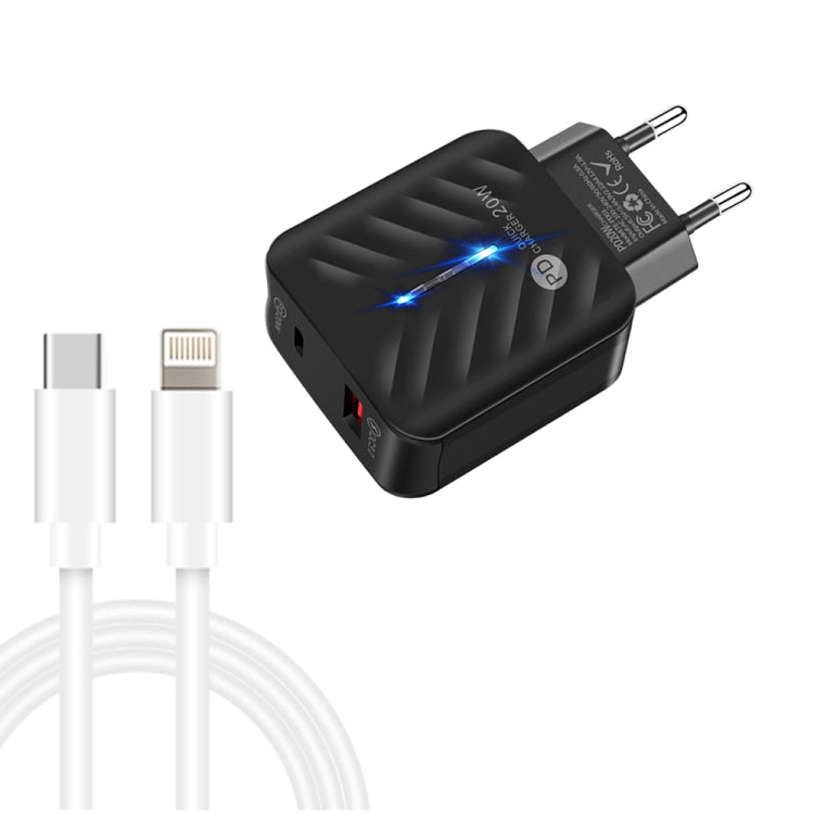 PD03 20W PD3.0 + QC3.0 USB Charger with Type-C to 8 Pin Data Cable, EU Plug(Black) - USB Charger by buy2fix | Online Shopping UK | buy2fix