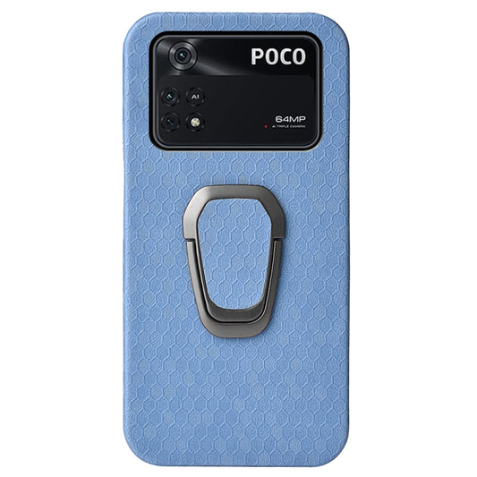 For Xiaomi Poco M4 Pro 4G Ring Holder Honeycomb PU Phone Case(Light Blue) by buy2fix