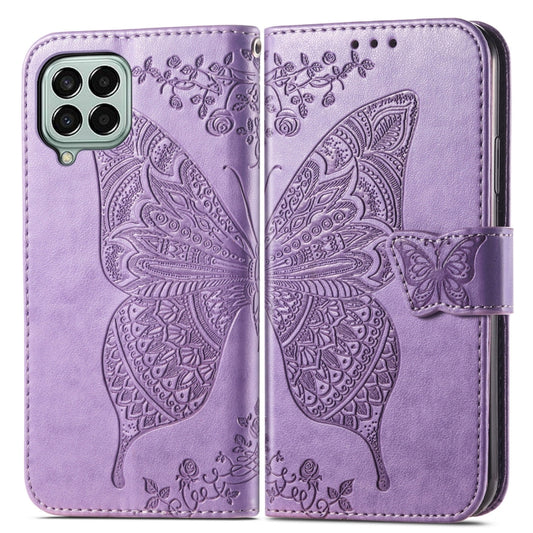 For Samsung Galaxy M33 5G Butterfly Love Flower Embossed Flip Leather Phone Case(Light Purple) by buy2fix