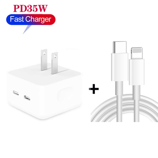 PD 35W Dual USB-C / Type-C Ports Charger with 1m Type-C to 8 Pin Data Cable, US Plug by buy2fix