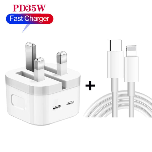 PD 35W Dual USB-C / Type-C Ports Charger with 2m Type-C to 8 Pin Data Cable, UK Plug by buy2fix