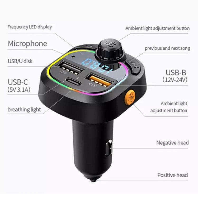 C28 Fast Charging Atmosphere Light Handsfree Car Kit Car Mp3 Player Stereo FM Transmitter - Bluetooth Car Kits by buy2fix | Online Shopping UK | buy2fix